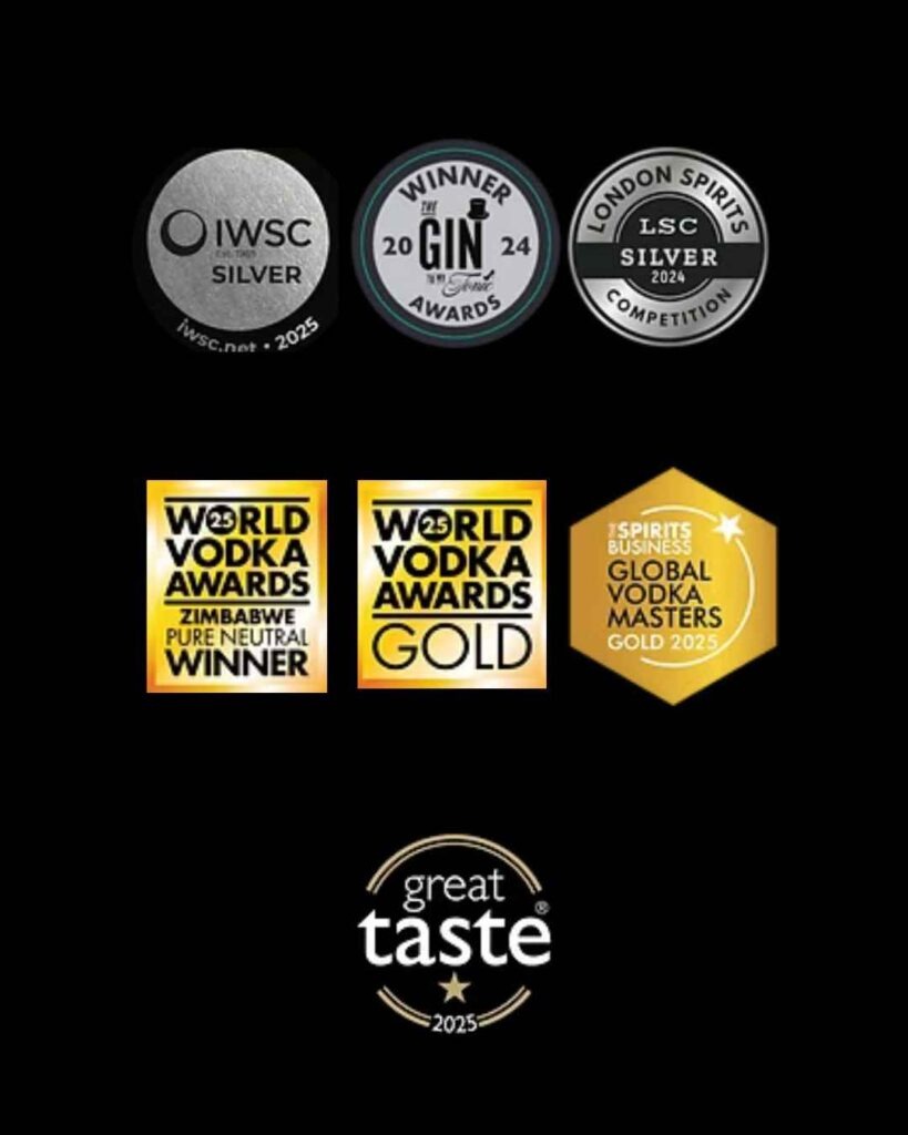 Zimasa Vodka award badges: IWSC, Gin To My Tonic, London Spirits Competition, World Vodka Awards, Spirits Business Global Vodka Masters and Great Taste